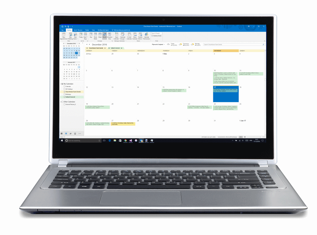 Image showing calendar events for Saltash in Outlook 2016